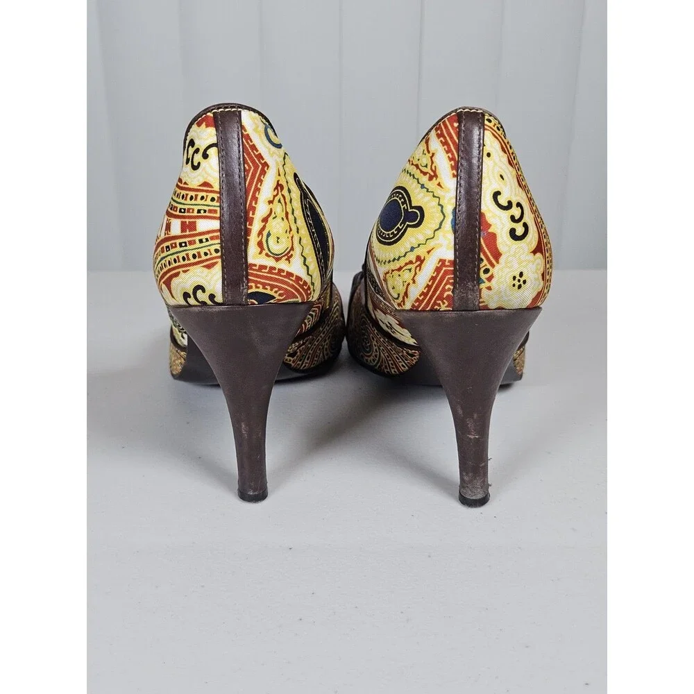 J.Crew Paisley Print Peep Toe Pump Heels Chain Detail Silk Fabric Made Italy 9.5